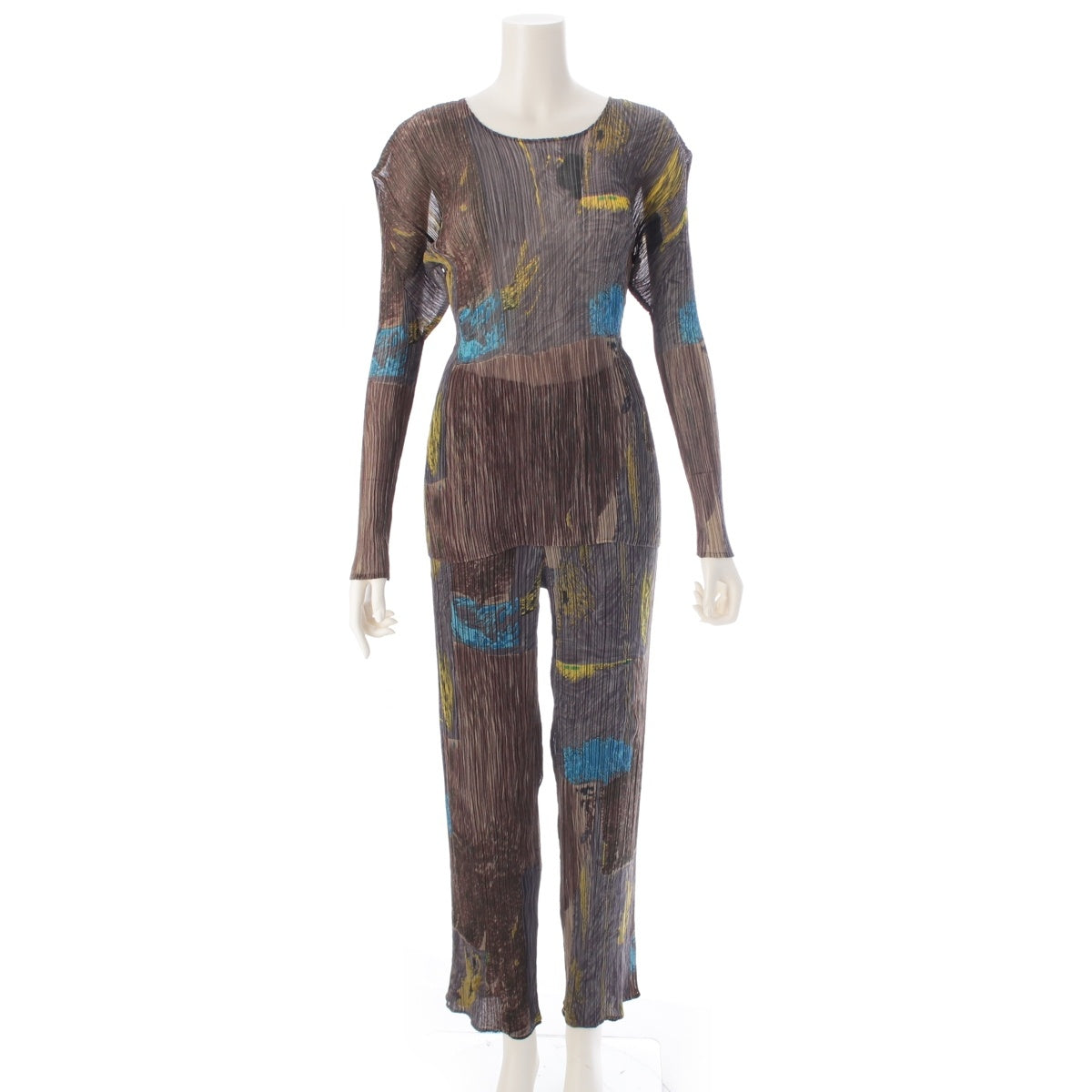 ISSEY MIYAKE Pleated Design Abstract Pattern Graphic Crew Neck Top Pants setup IM69-FJ627 multicolor M