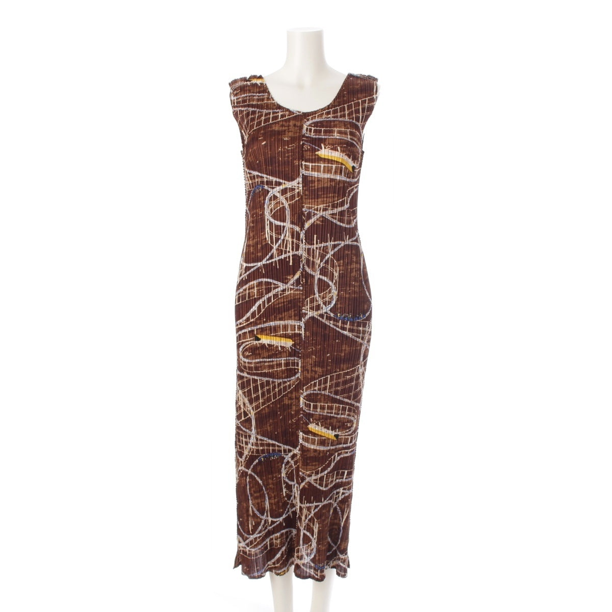 PLEATS PLEASE ISSEY  Roller Coaster Pattern Sleeveless one piece dress PP43-JH586 Brown multicolor 4