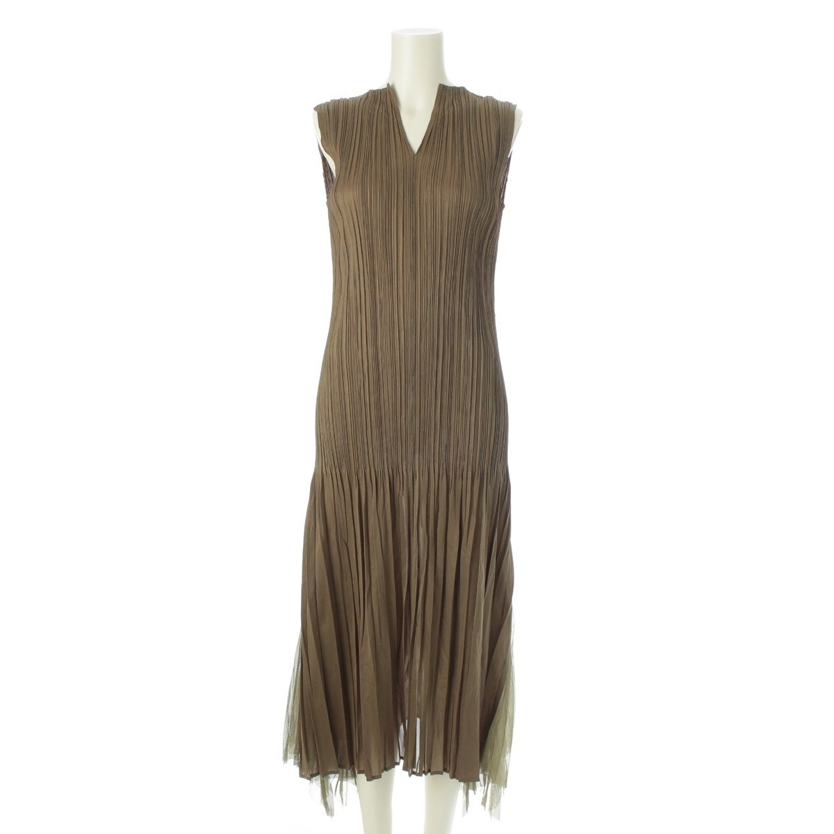 PLEATS PLEASE ISSEY  Sleeveless See-through switching one piece dress PP33-JH616 Khaki Sage Green 2