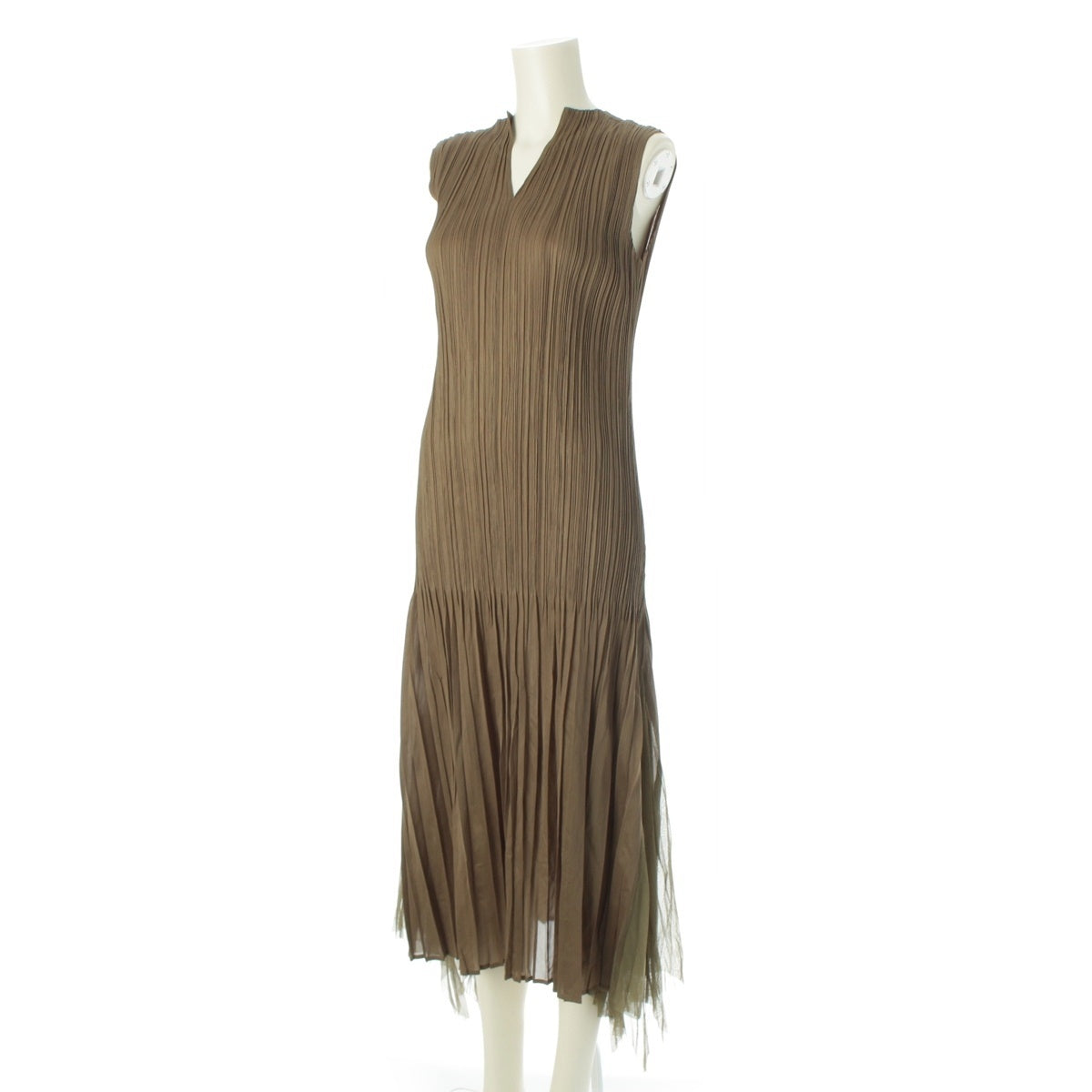 PLEATS PLEASE ISSEY  Sleeveless See-through switching one piece dress PP33-JH616 Khaki Sage Green 2