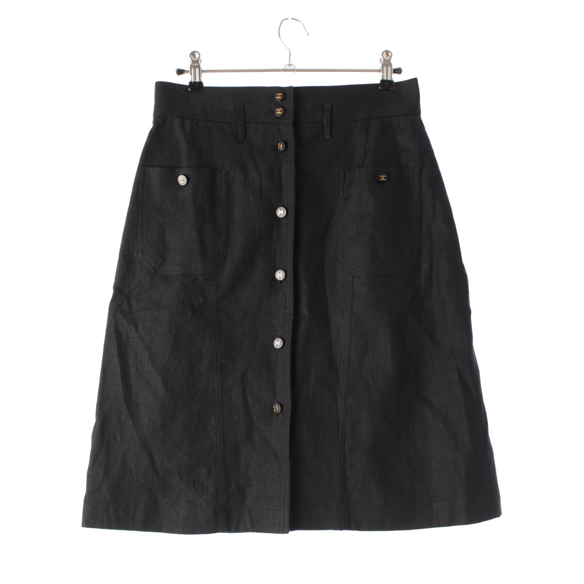 CHANEL linen silk Paper Tag COCO Button Front Pocket Short skirt Bottoms 5065V025 black 38