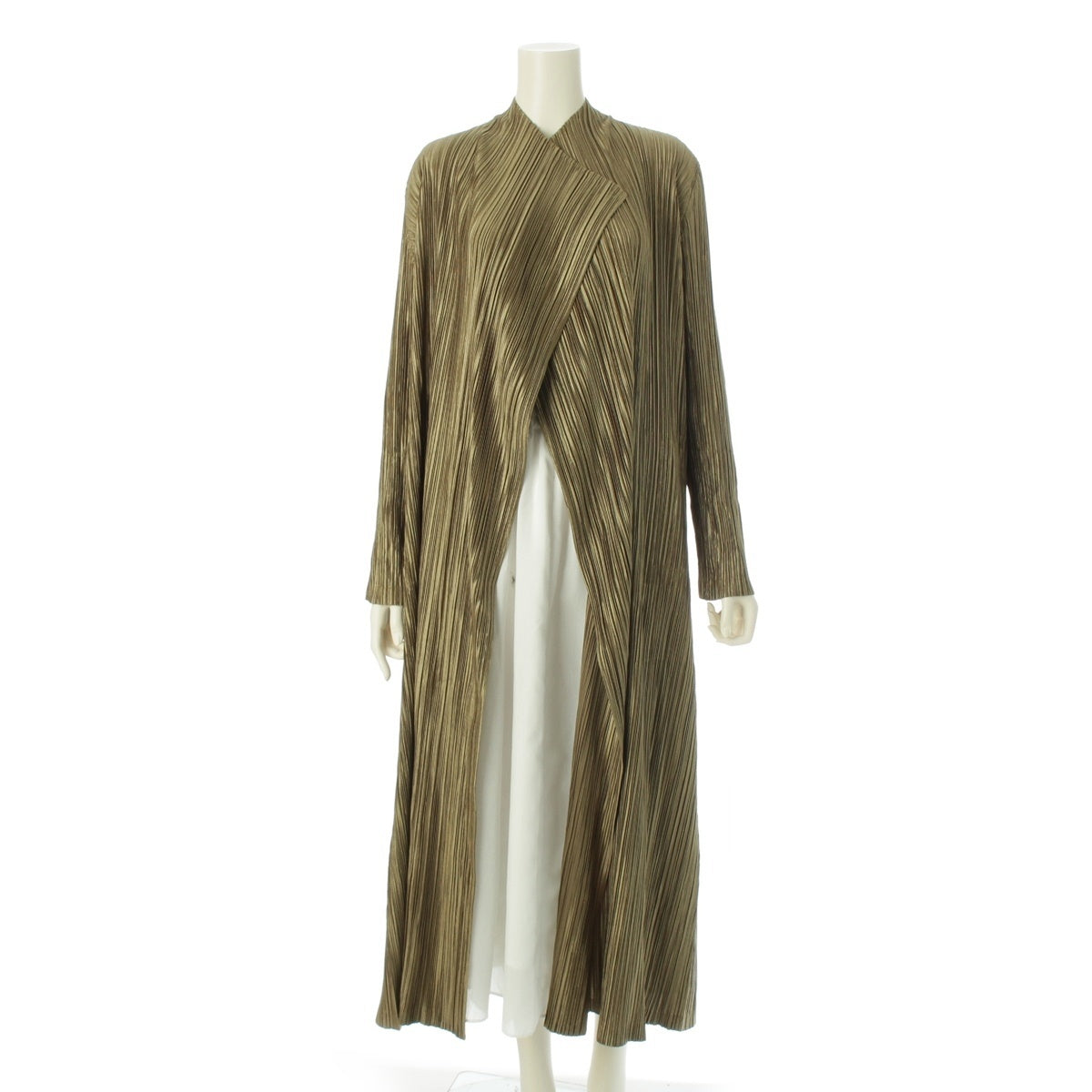 PLEATS PLEASE ISSEY  Metallic Long Sleeve cardigan Gown Long Coat PP41-JA502 khaki gold 4