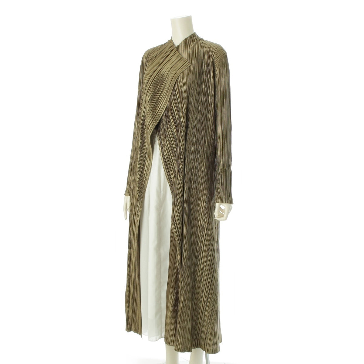 PLEATS PLEASE ISSEY  Metallic Long Sleeve cardigan Gown Long Coat PP41-JA502 khaki gold 4