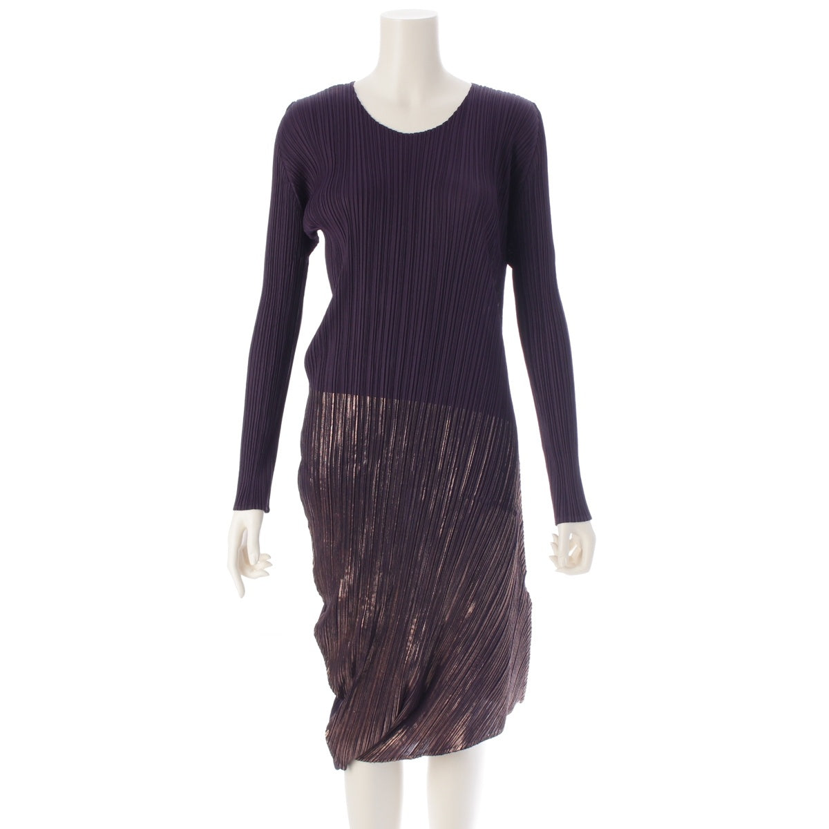 PLEATS PLEASE ISSEY  Foil print long sleeves deformed long one piece crew neck dress PP03-JH793 purple 5