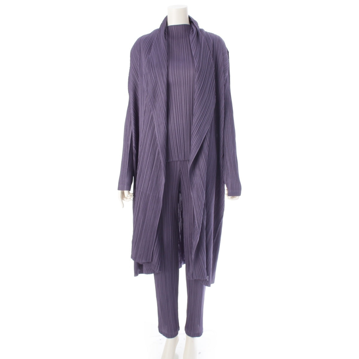 PLEATS PLEASE ISSEY  setup 3 piece Long cardigan, pants, bottle neck cut and sew Gray purple