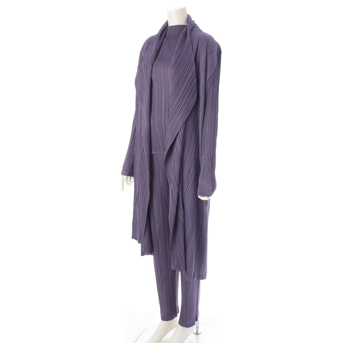 PLEATS PLEASE ISSEY  setup 3 piece Long cardigan, pants, bottle neck cut and sew Gray purple