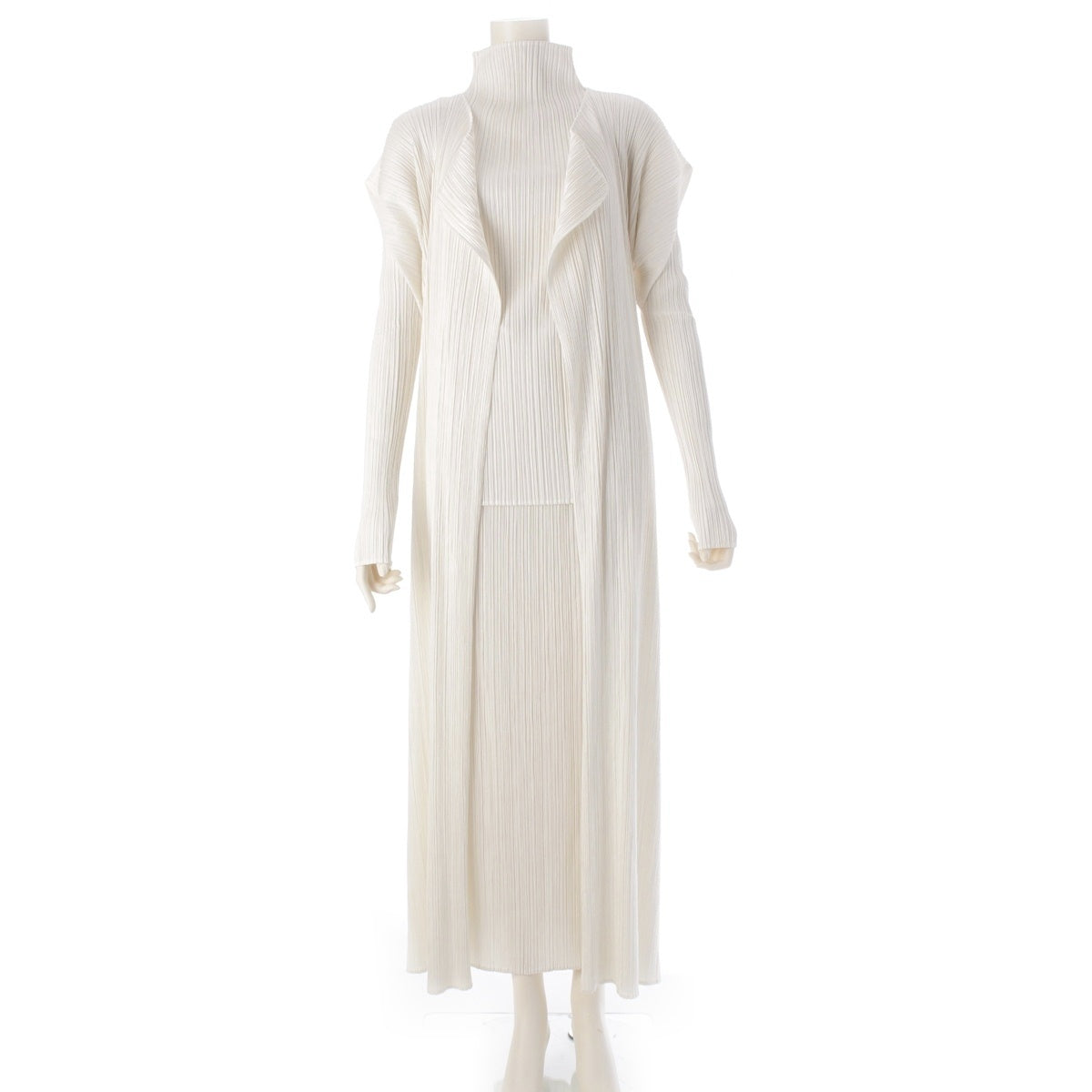 PLEATS PLEASE ISSEY  Long cardigan, bottle neck cut and sew, skirt 3 piece setup white 3