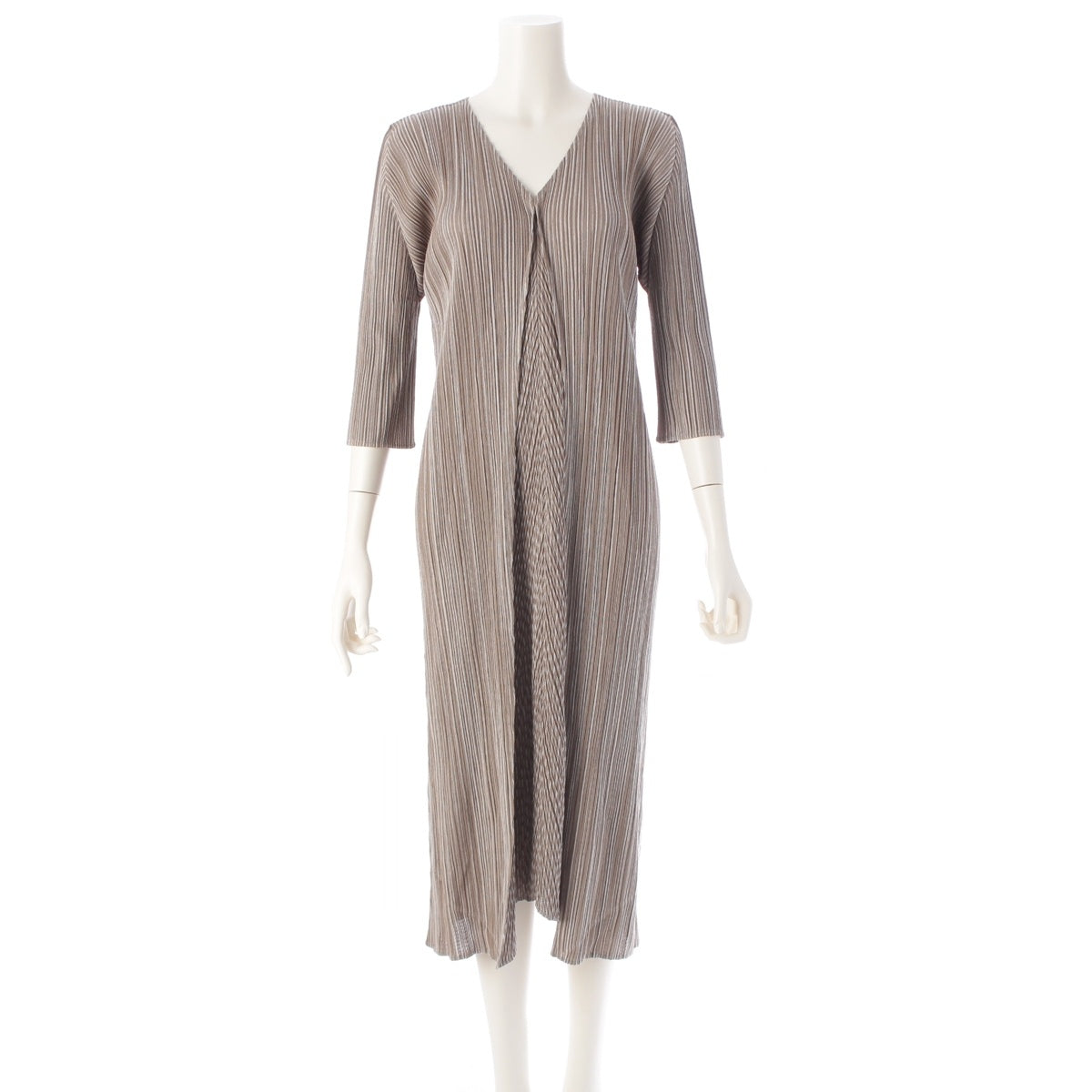 PLEATS PLEASE Pleated stripes one piece dress PP01-JH533 beige 4