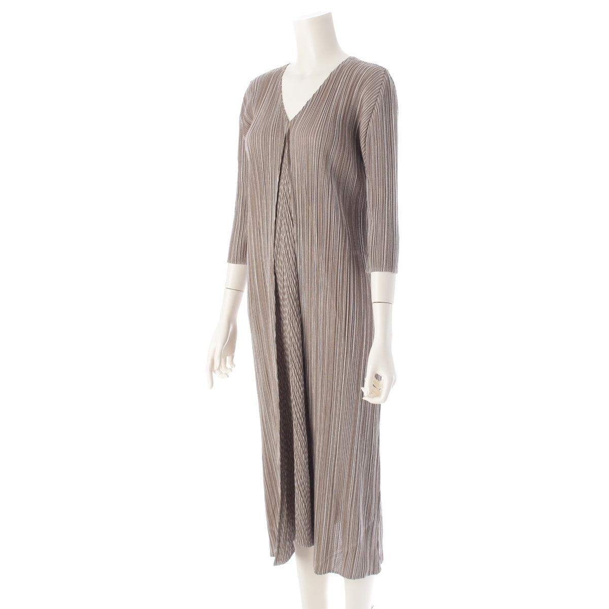 PLEATS PLEASE Pleated stripes one piece dress PP01-JH533 beige 4