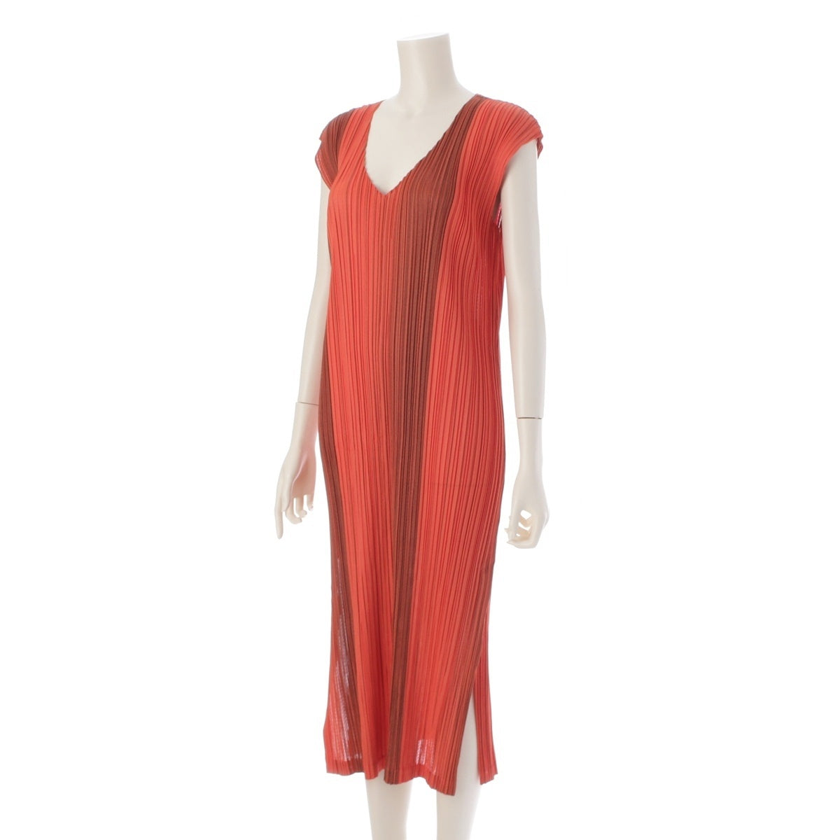 PLEATS PLEASE Pleated stripe sleeveless one piece dress PP83-JH676 Orange 5