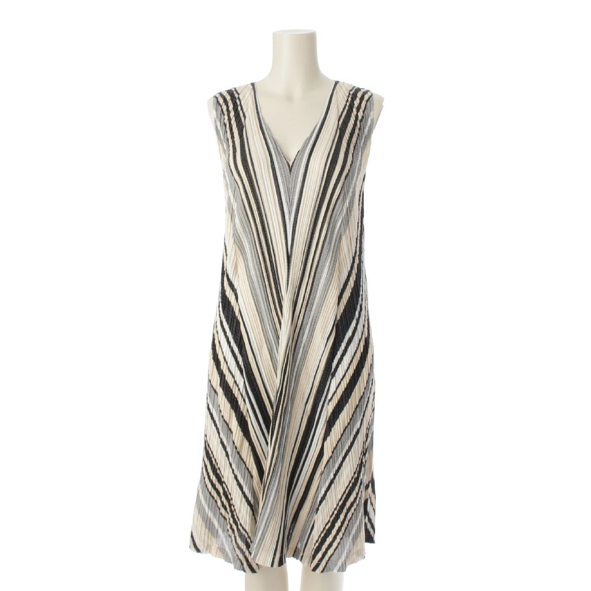PLEATS PLEASE ISSEY  cotton Striped Sleeveless V-neck one piece PP61-JH646 Black Ivory 4