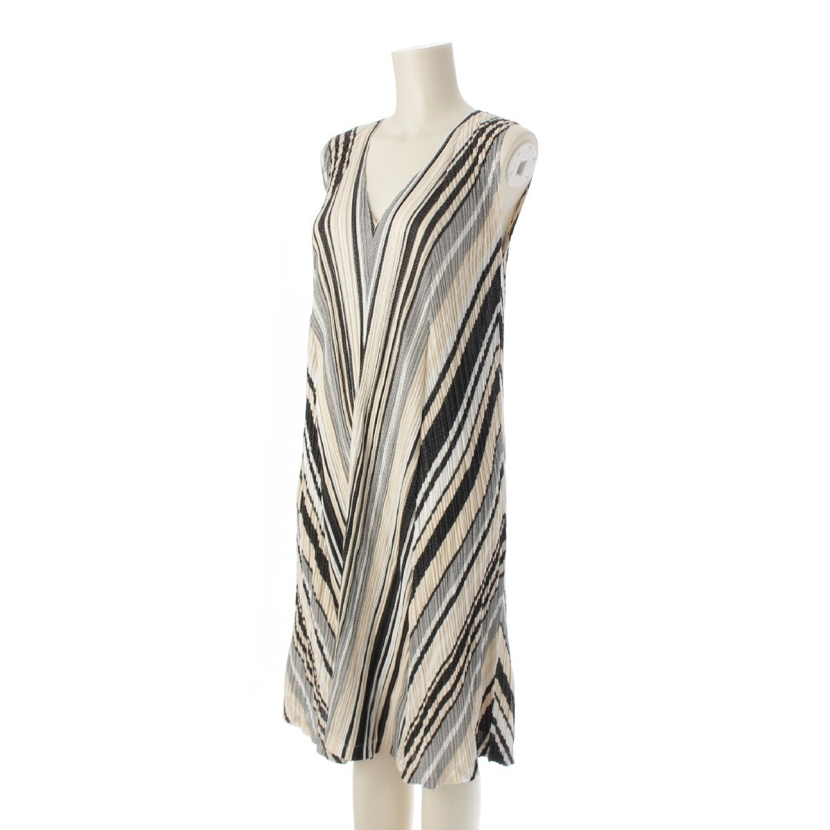PLEATS PLEASE ISSEY  cotton Striped Sleeveless V-neck one piece PP61-JH646 Black Ivory 4