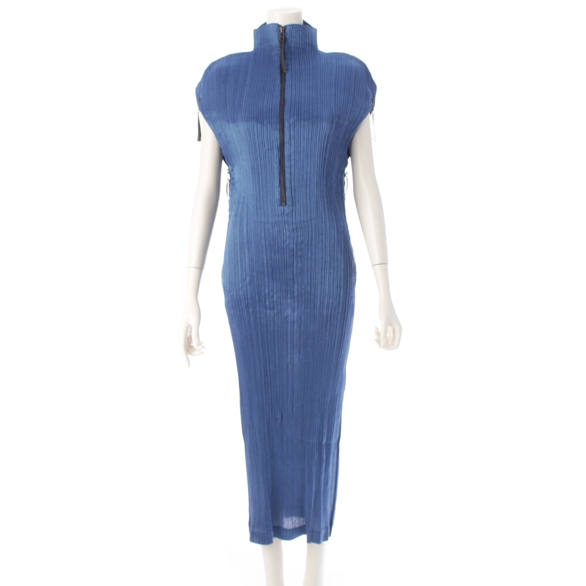 ISSEY MIYAKE Rayon Pleated Zip Fastener Motif Long one piece IM71-FH910 Metallic blue M
