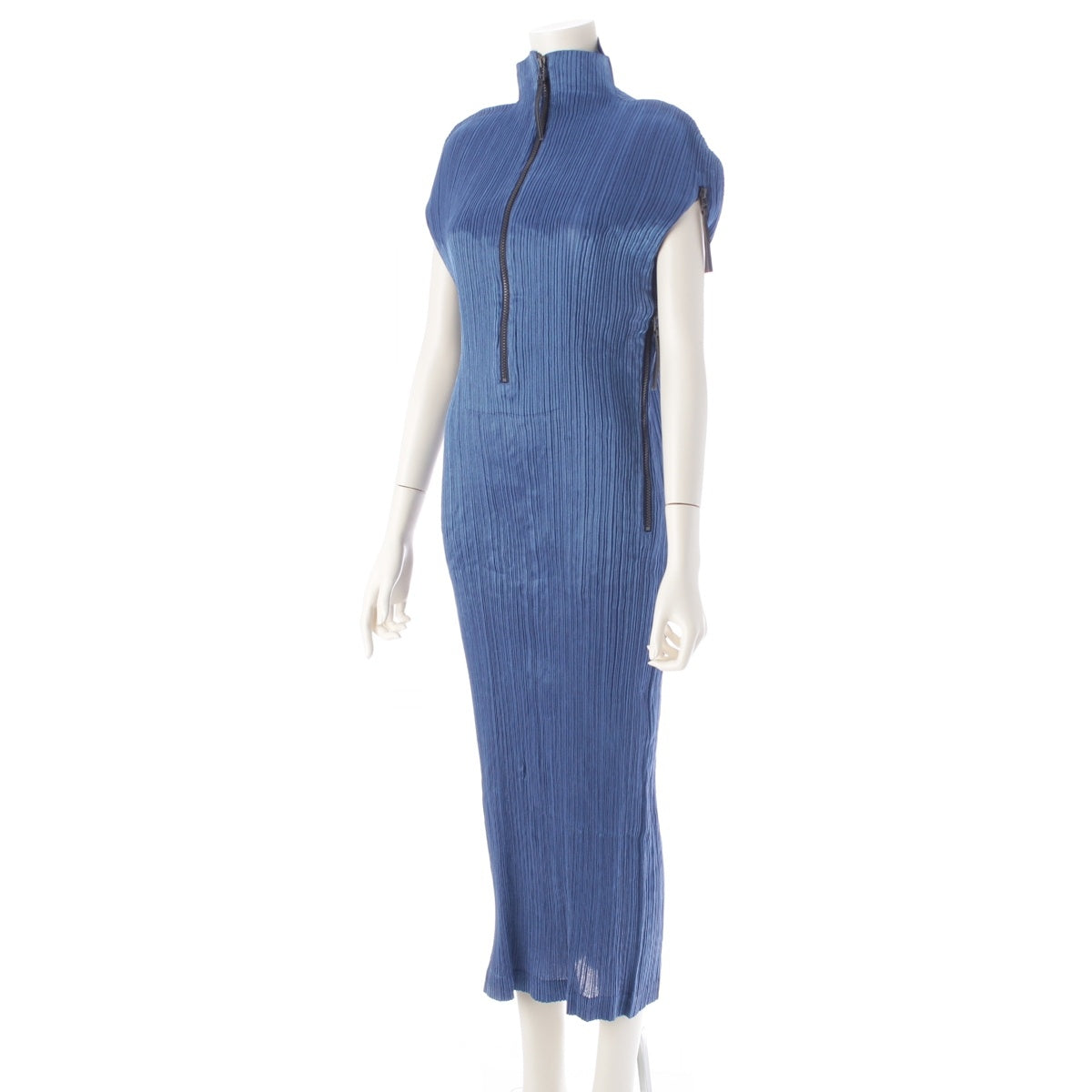 ISSEY MIYAKE Rayon Pleated Zip Fastener Motif Long one piece IM71-FH910 Metallic blue M