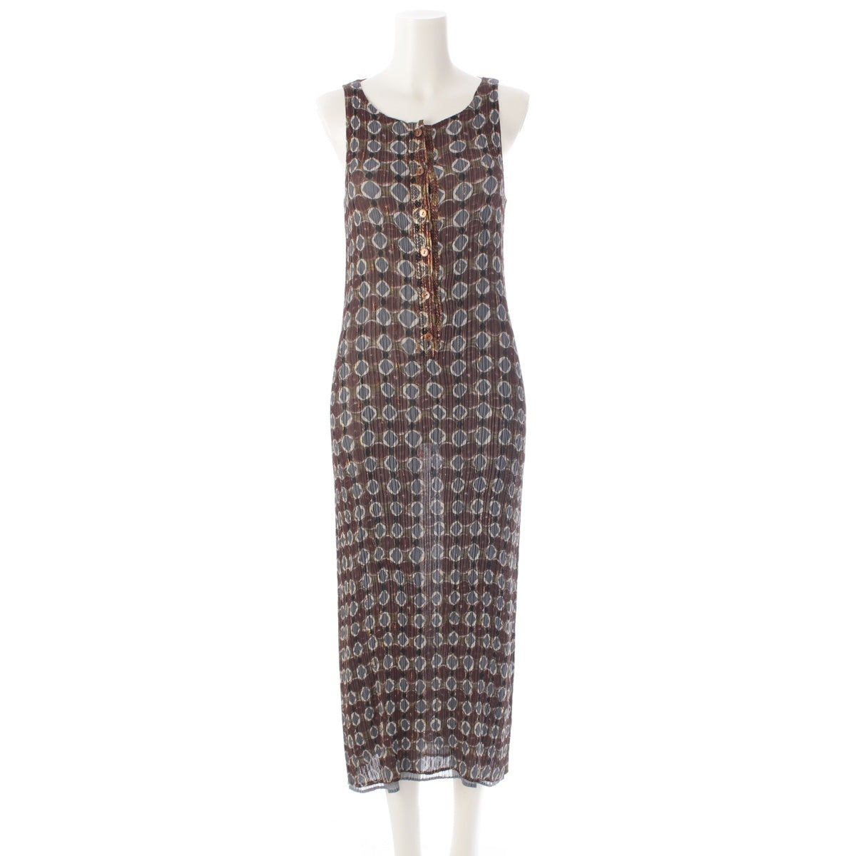 ISSEY MIYAKE All-over print, glitter, pleated, front button, sleeveless one piece IM74-FH912 Brown M