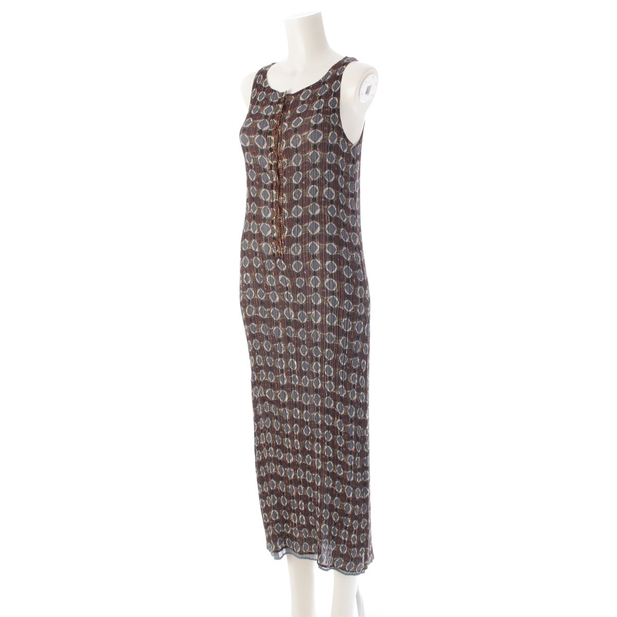 ISSEY MIYAKE All-over print, glitter, pleated, front button, sleeveless one piece IM74-FH912 Brown M