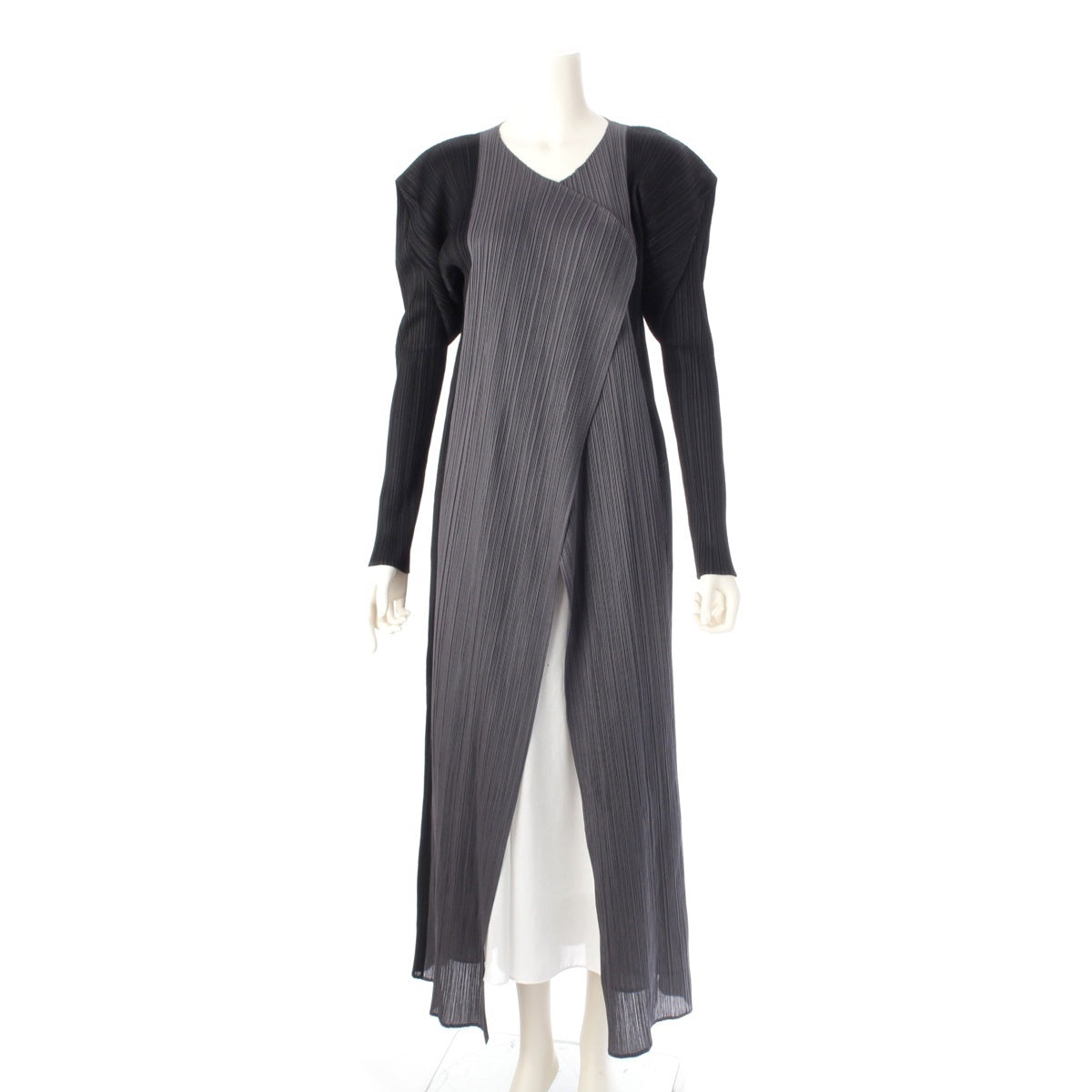 PLEATS PLEASE ISSEY  Bicolor Long cardigan One piece dress PP63-JH417 Gray black 44