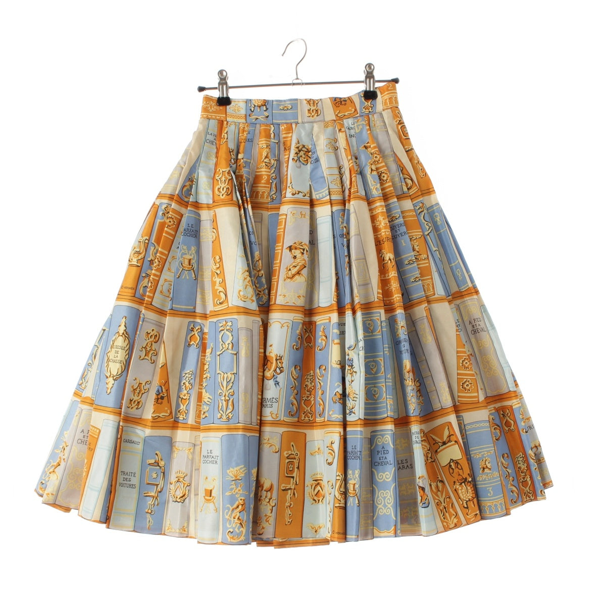 HERMES silk Library Pattern All-Over Pleated Back Zip skirt 303009HC multicolor 38
