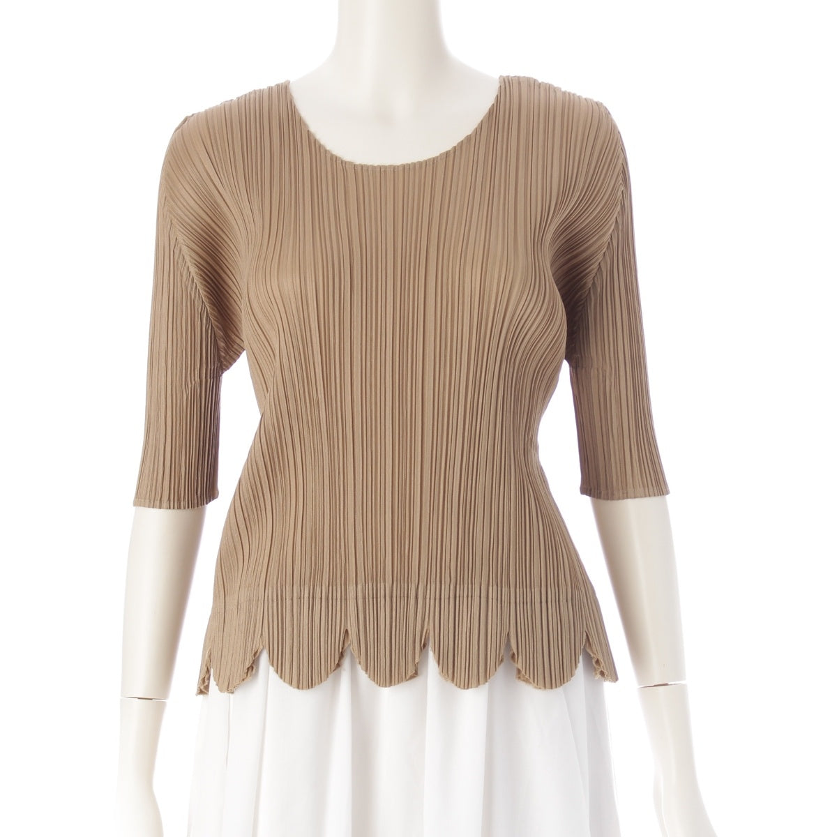 PLEATS PLEASE ISSEY  Round cut 5/8 sleeves Cut tops PP73-JK142 Beige Gold 3
