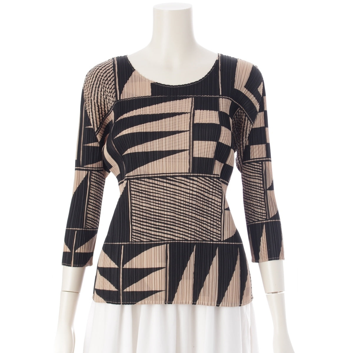 PLEATS PLEASE ISSEY  Geometric pattern 3/4 sleeves Crew neck Cut tops PP21-JK639 Black beige 3