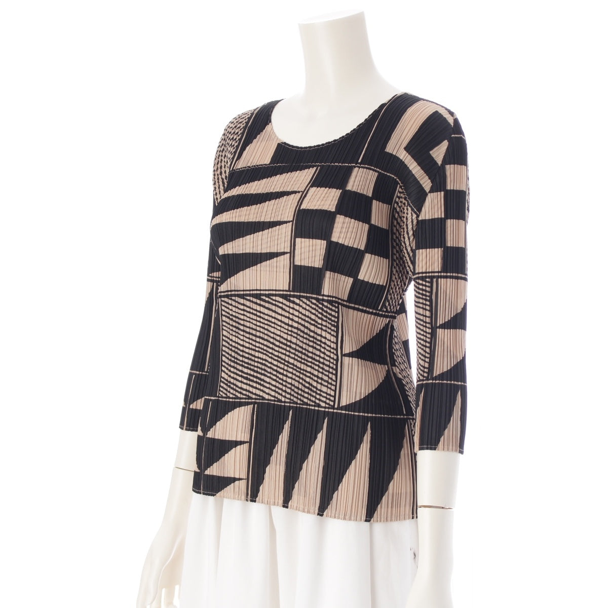 PLEATS PLEASE ISSEY  Geometric pattern 3/4 sleeves Crew neck Cut tops PP21-JK639 Black beige 3