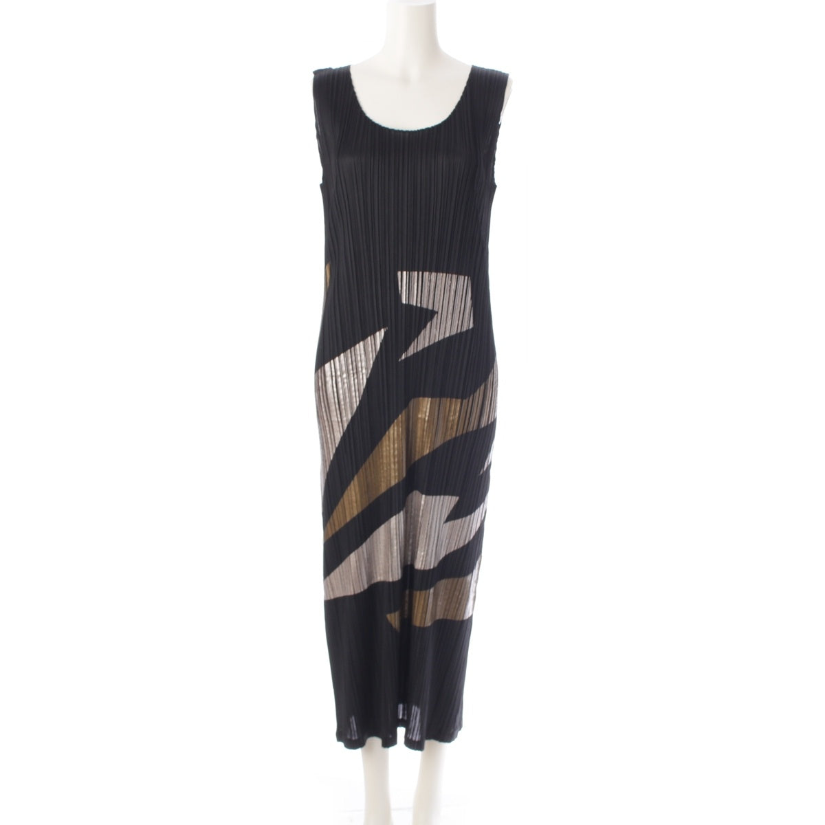 PLEATS PLEASE ISSEY  Foil Print Graphic Pattern Sleeveless one piece dress PP53-JH514 Black silver gold 4