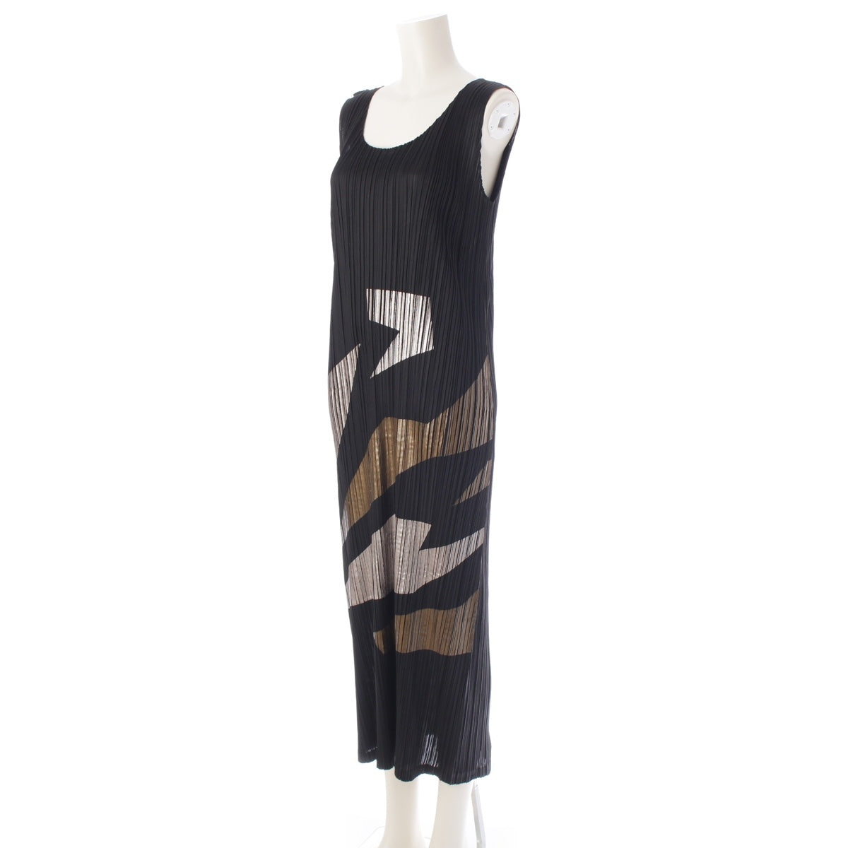 PLEATS PLEASE ISSEY  Foil Print Graphic Pattern Sleeveless one piece dress PP53-JH514 Black silver gold 4