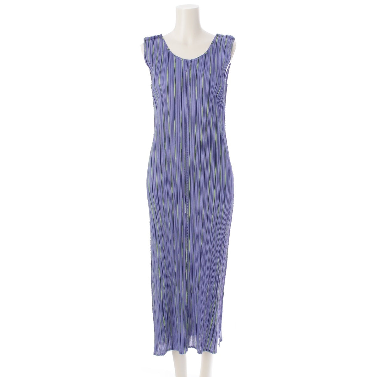 PLEATS PLEASE ISSEY  Multi-stripe sleeveless one piece dress PP51-JH687 Blue Light Green Navy 4