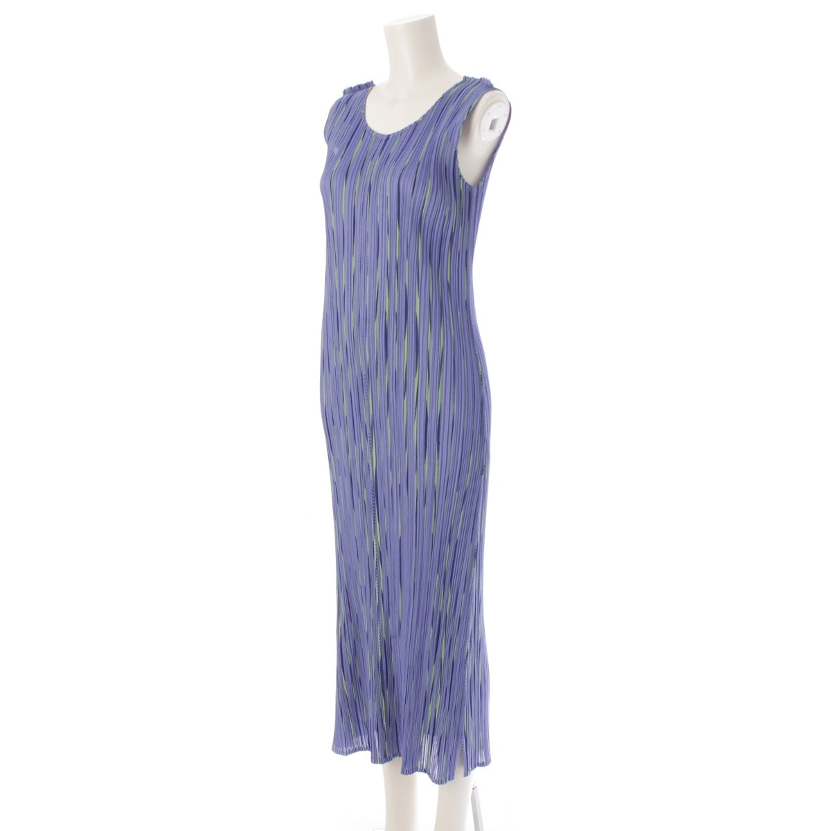 PLEATS PLEASE ISSEY  Multi-stripe sleeveless one piece dress PP51-JH687 Blue Light Green Navy 4