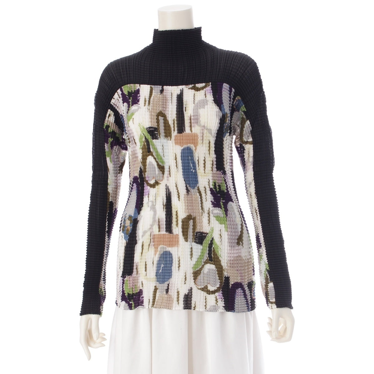 ISSEY MIYAKE Vintage All-over Pattern Bottleneck Long Sleeve tops IM92-FT065 Black multicolor M