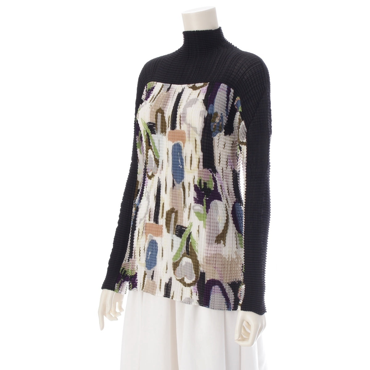 ISSEY MIYAKE Vintage All-over Pattern Bottleneck Long Sleeve tops IM92-FT065 Black multicolor M