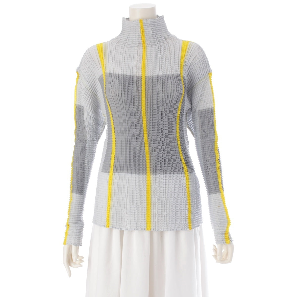 ISSEY MIYAKE Vintage Pleated Line Design Bottleneck Long Sleeve tops IM92-FT074 Gray yellow M