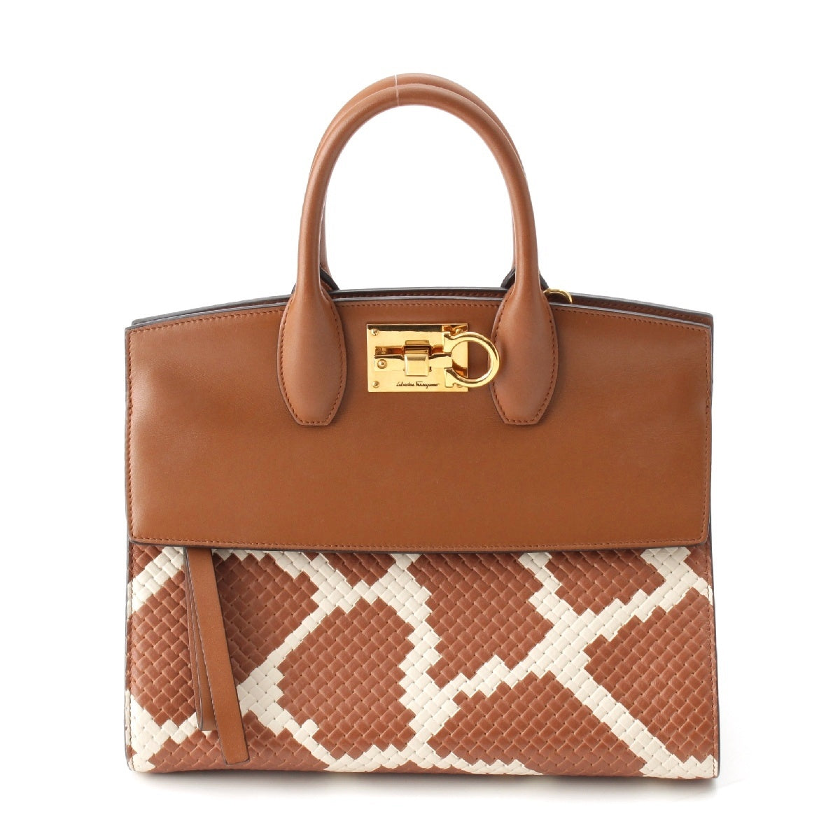 Salvatore Ferragamo leather Studio ZebraPattern Gancini Braided 2way Handbag Brown