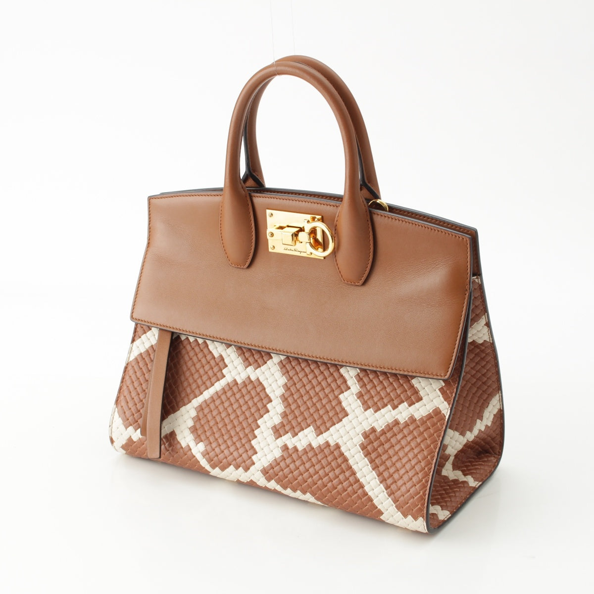Salvatore Ferragamo leather Studio ZebraPattern Gancini Braided 2way Handbag Brown