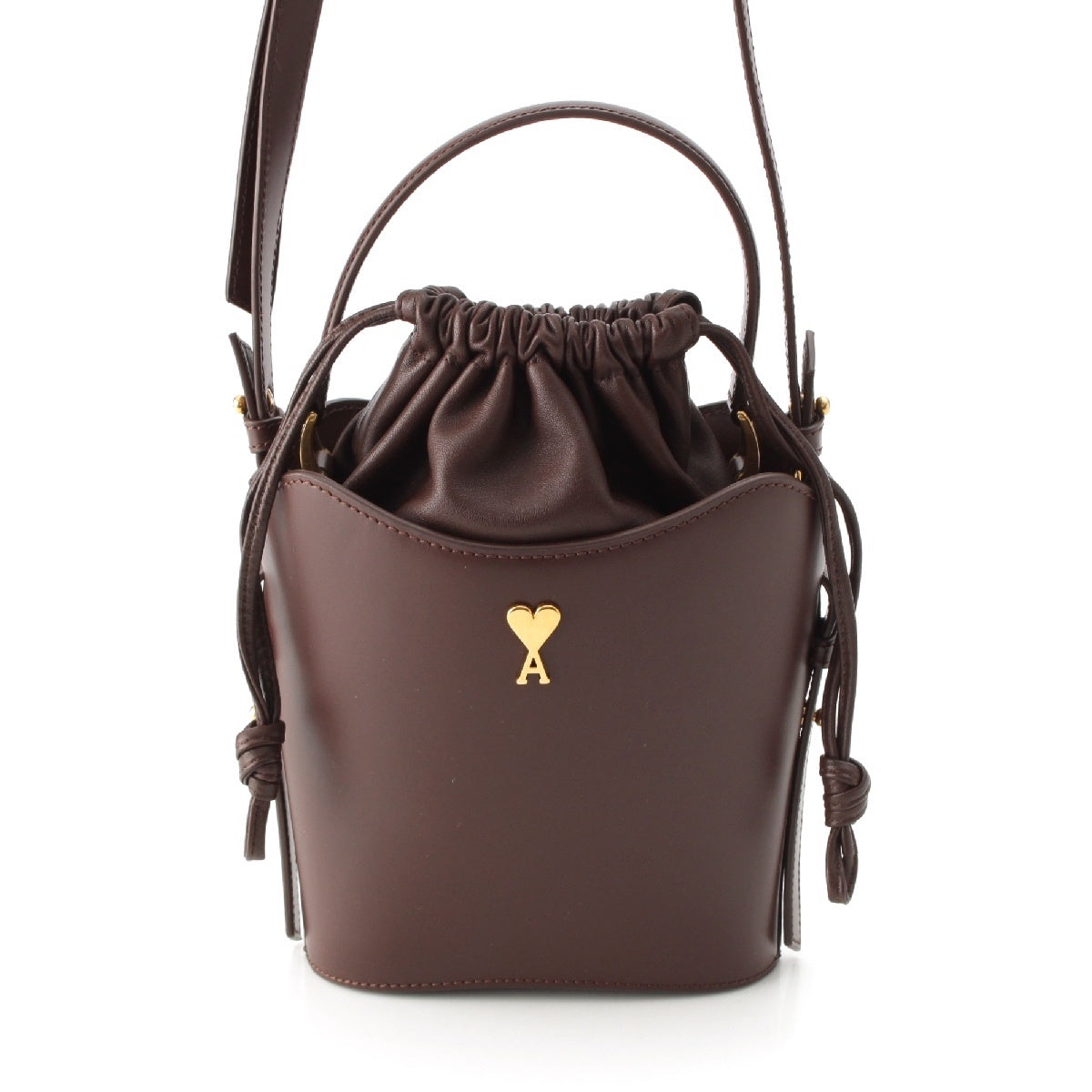 AMI PARIS leather Mini Drawstring Bucket Bag 2way Shoulder Bag Brown