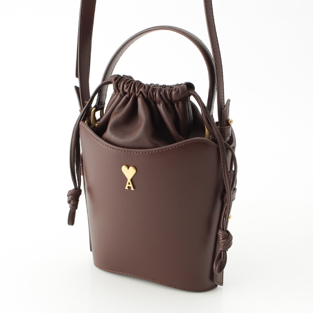AMI PARIS leather Mini Drawstring Bucket Bag 2way Shoulder Bag Brown