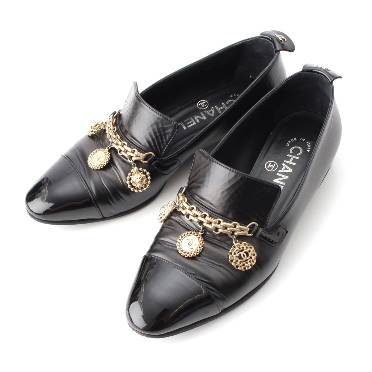 CHANEL Leather x patent Chain loafers shoes G31651 black 35