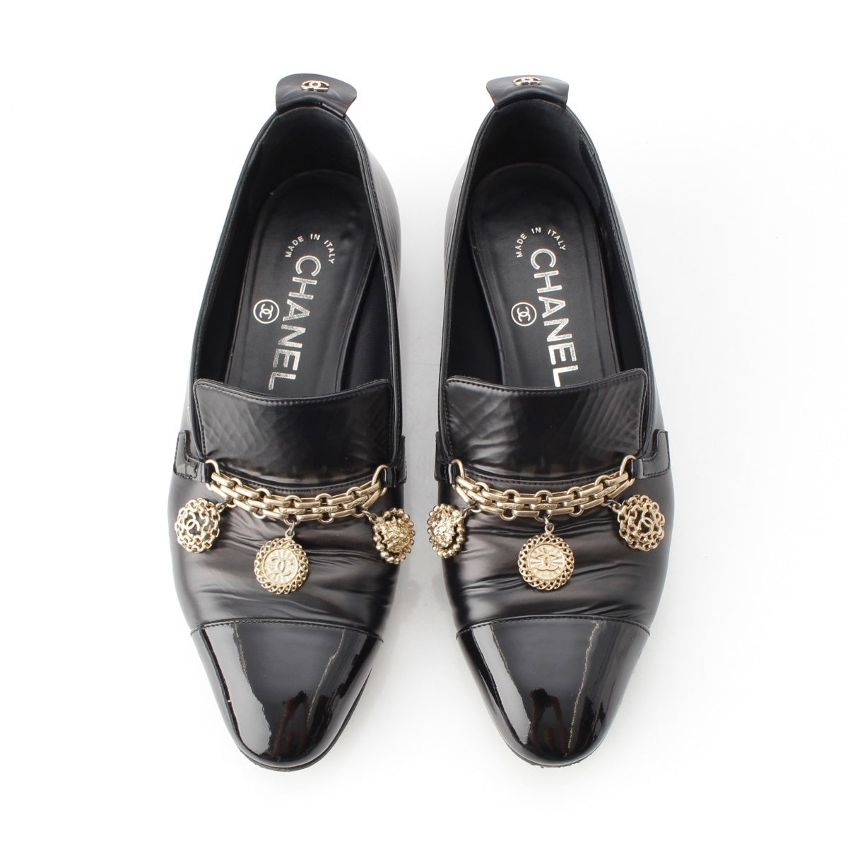 CHANEL Leather x patent Chain loafers shoes G31651 black 35