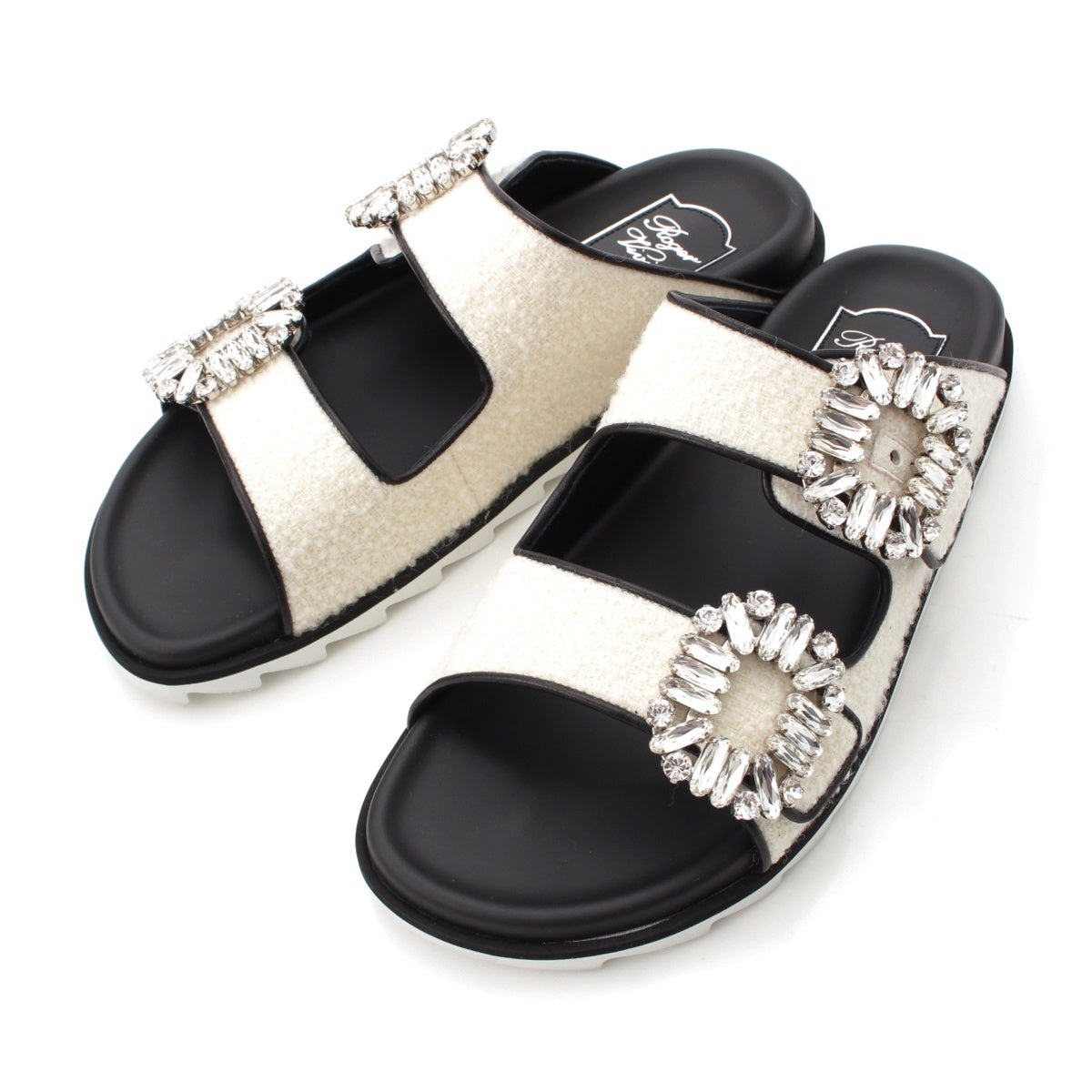 Roger Vivier VIV Slidey Viv tweed Bejeweled Buckle Sandals shoes white 37