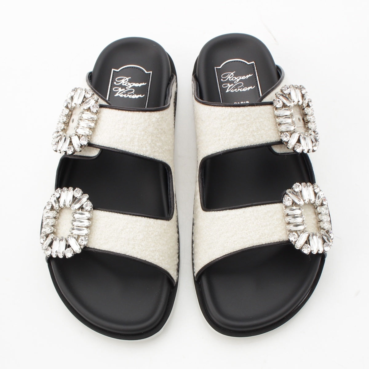 Roger Vivier VIV Slidey Viv tweed Bejeweled Buckle Sandals shoes white 37