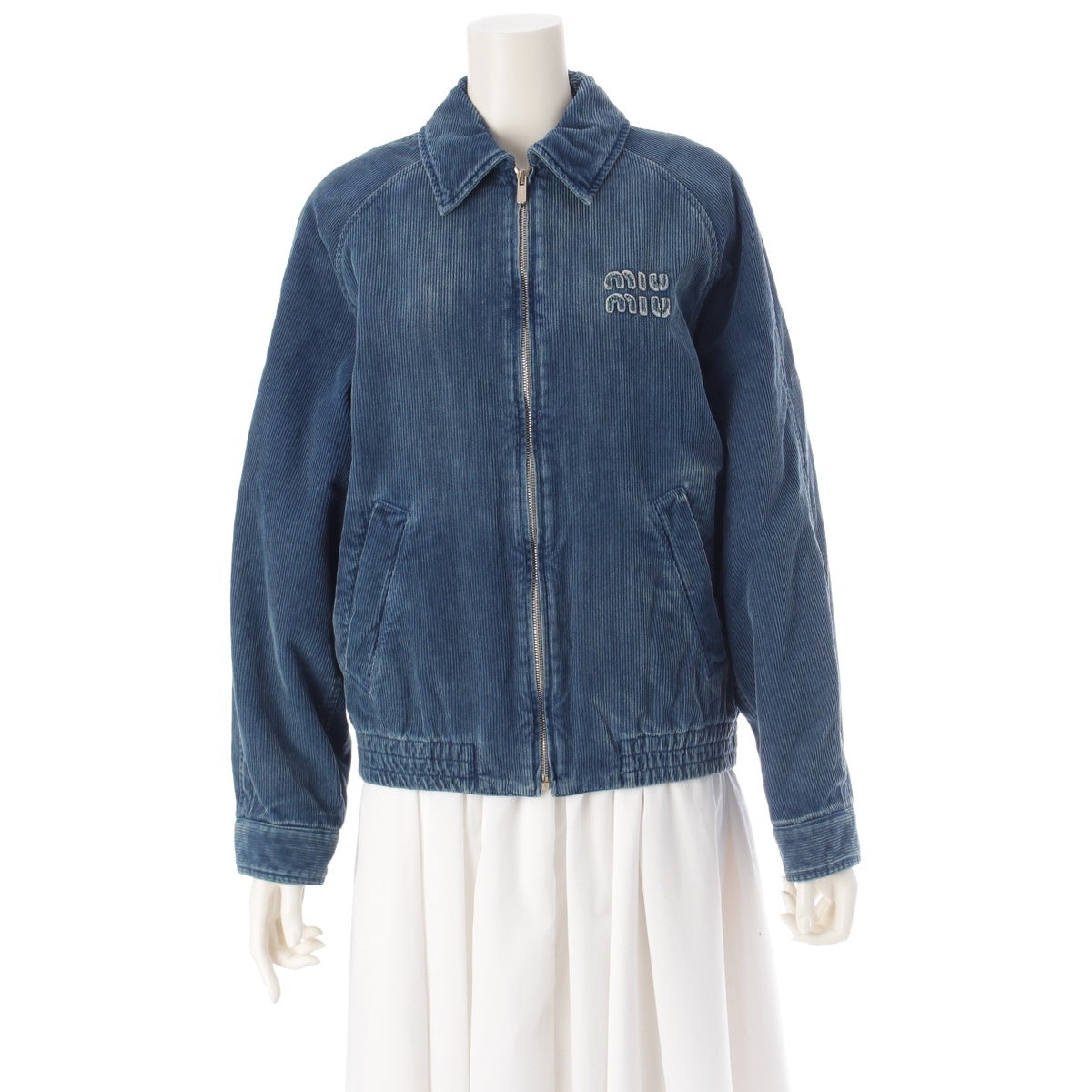MIUMIU cotton Logo Washed Flocked Corduroy Chambray Blouson Jacket ML1152 blue 36