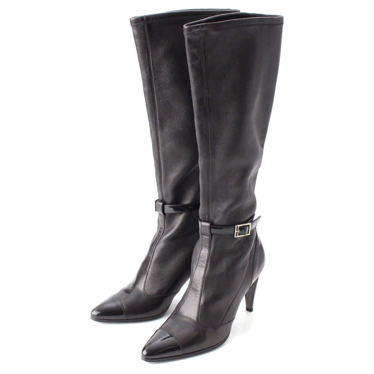 CHANEL Patent leather Long with logo belt boots shoes black 36 1/2
