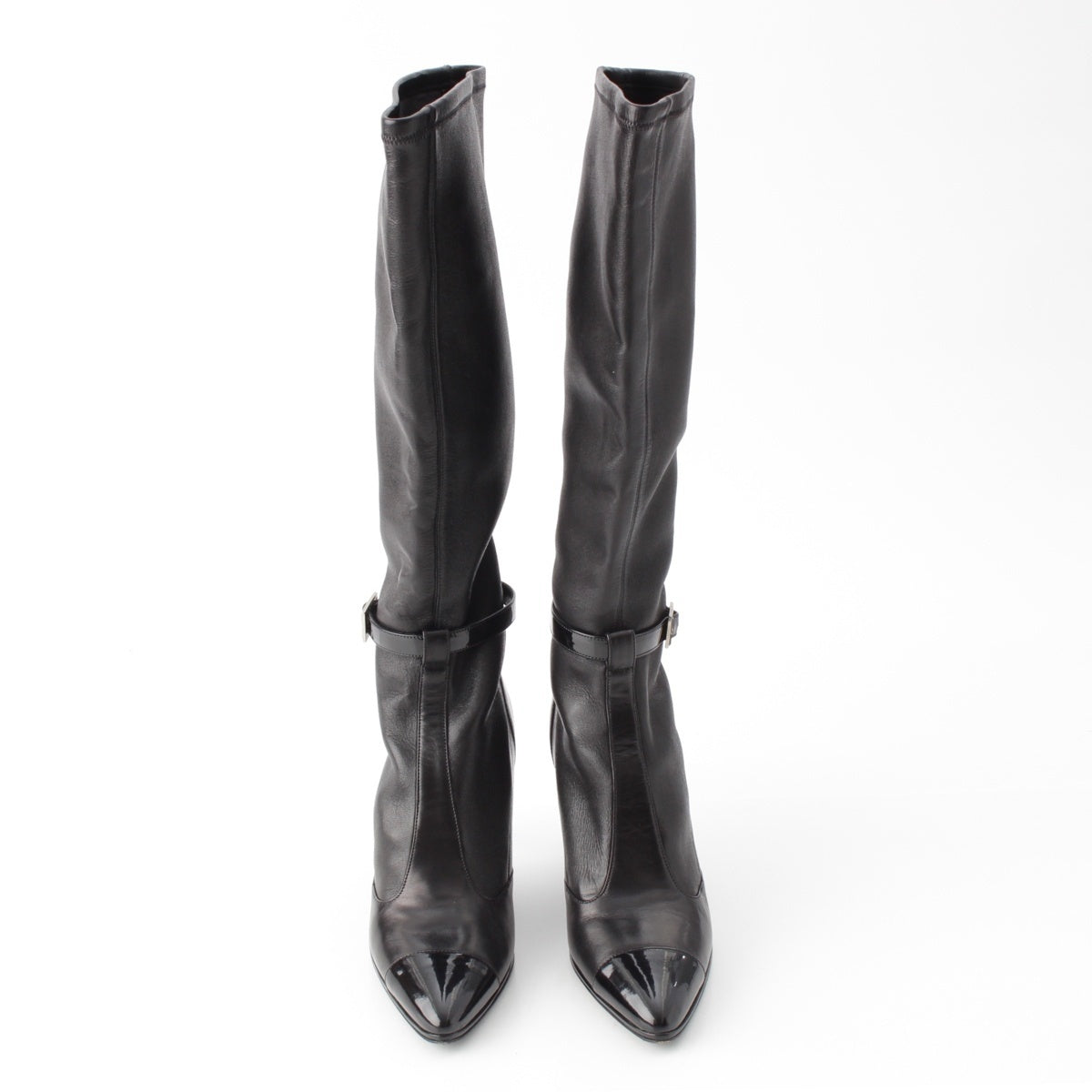 CHANEL Patent leather Long with logo belt boots shoes black 36 1/2