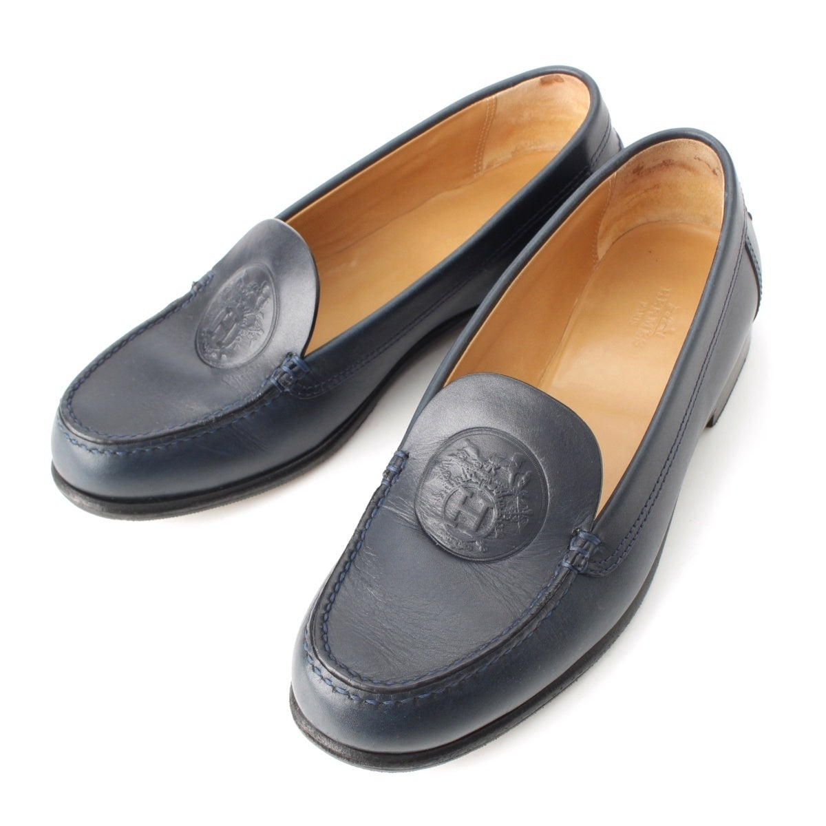 HERMES leather Embossed logo loafers Navy 36