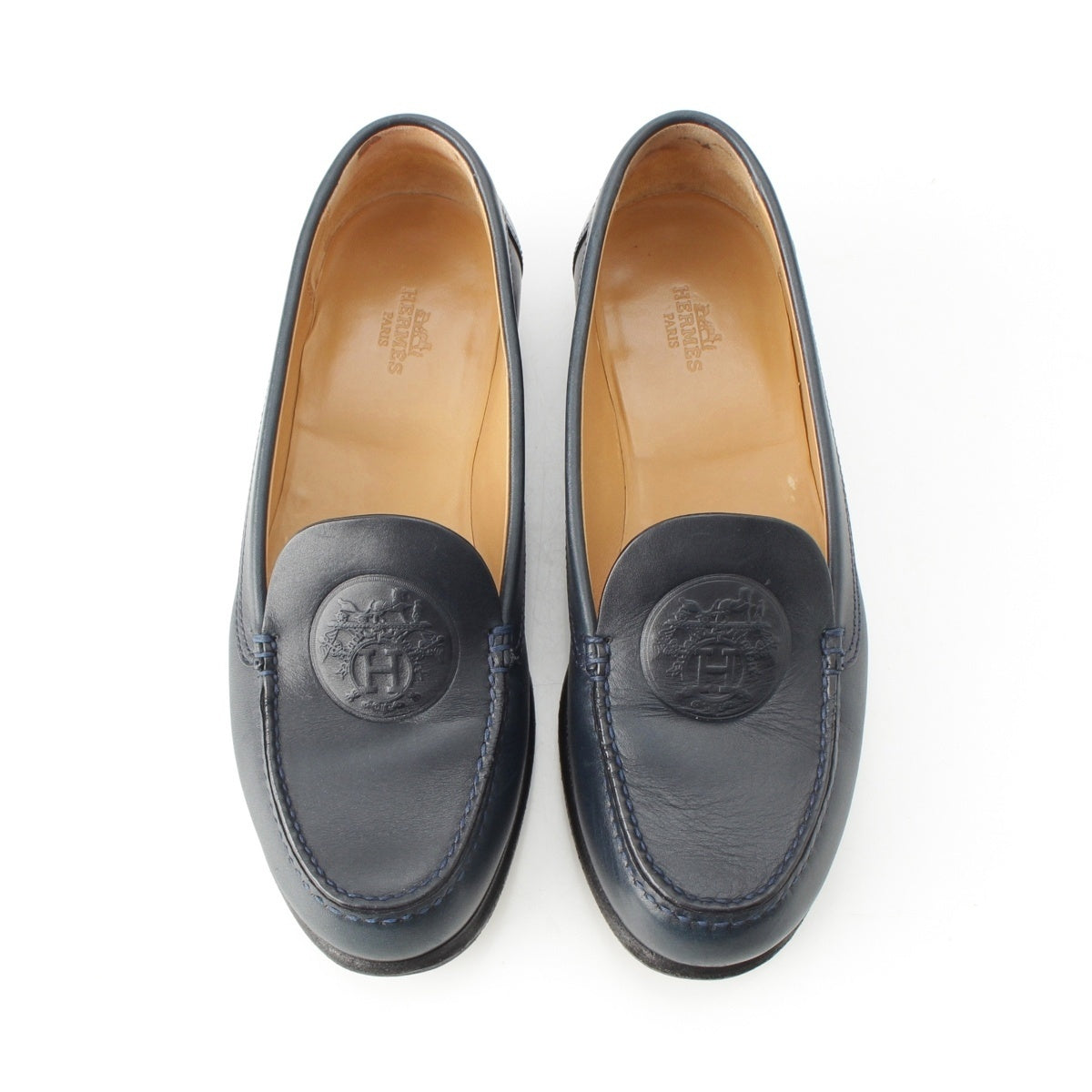 HERMES leather Embossed logo loafers Navy 36