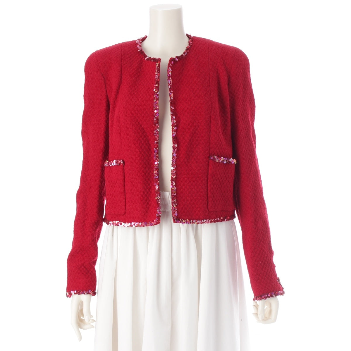 CHANEL wool COCO Button Sequin No Collar tailored jacket Red 38