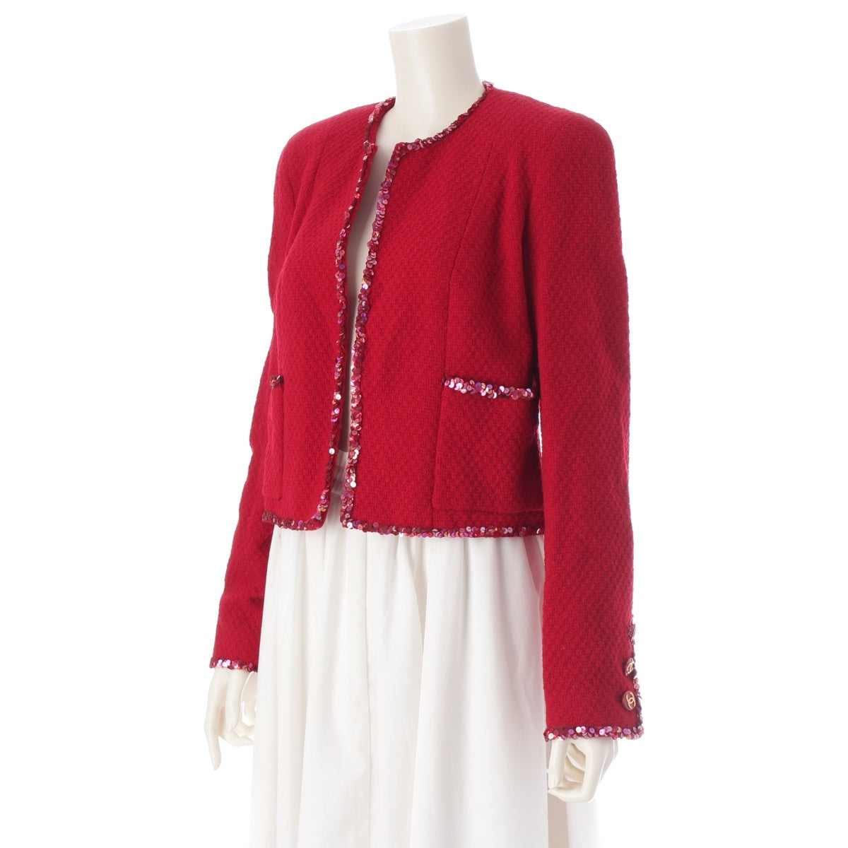 CHANEL wool COCO Button Sequin No Collar tailored jacket Red 38