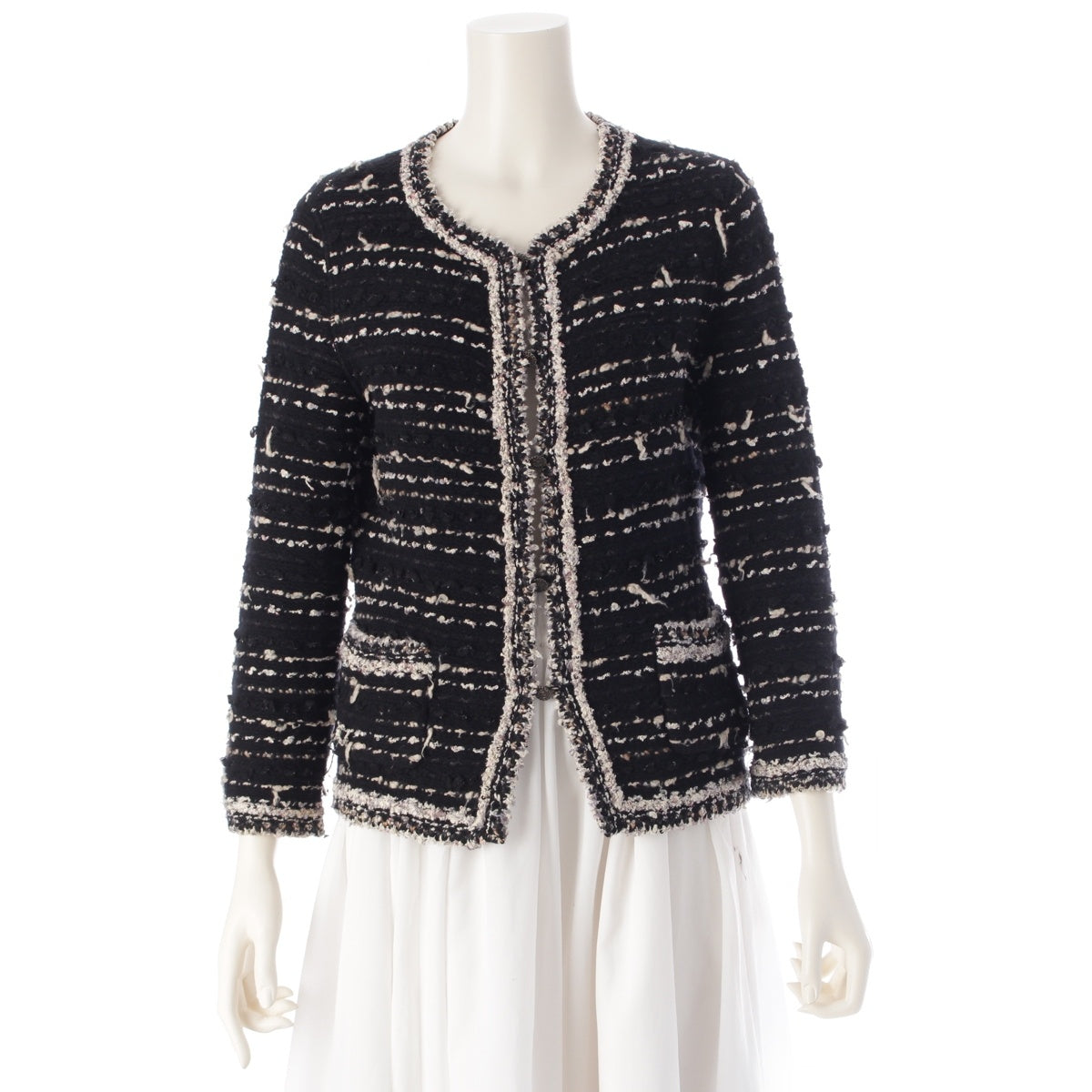 CHANEL Cashmere Tweed COCO Mark button No color jacket P26658 Black White 38