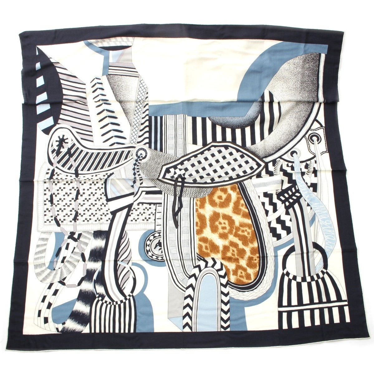 HERMES Caléjean 140 La Selle Imaginaire The Imaginary Saddle cashmere silk scarf bandana Marine White Blue Jean Multicolor