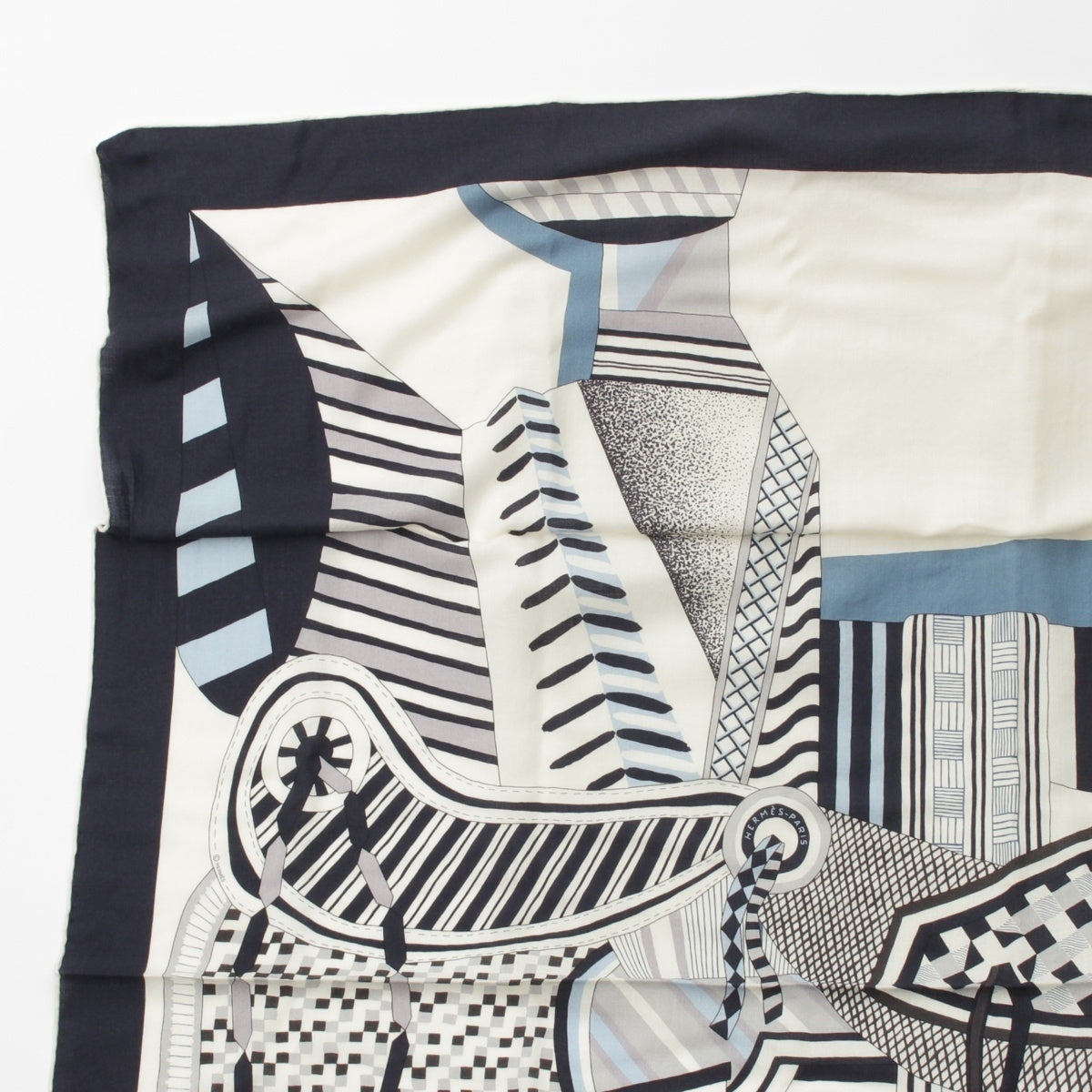 HERMES Caléjean 140 La Selle Imaginaire The Imaginary Saddle cashmere silk scarf bandana Marine White Blue Jean Multicolor